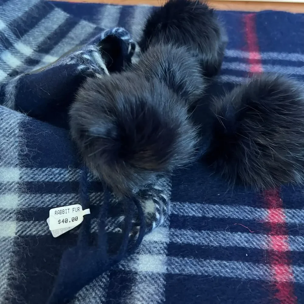 Cashmere Scarf Hand Tailored With Rabbit Fur Pom Poms size OS